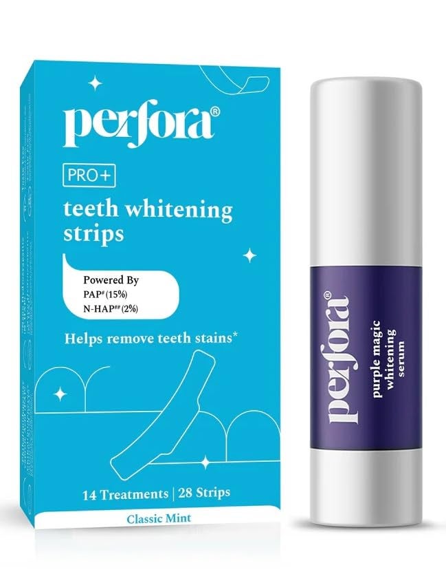 Perfora مجموعة تبييض الأسنان من بيرفورا | سيروم بنفسجي - 30 مل وشرائط تبييض الأسنان - 14 علاج | صيغة العناية بالفم آمنة للمينا وخالية من الحساسية لتقليل بقع الأسنان | عبوة من 2 - Image 1