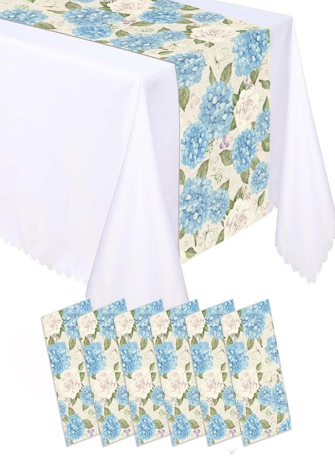 MOZUI 6 Pcs Plastic Hydrangea Table Runner - 14 x 108 Inch Light Blue Hydrangea Pattern Table Runner with Watercolor Flower and Butterfly Design for Women Spring Wedding Birthday Party Supplies - Image 1