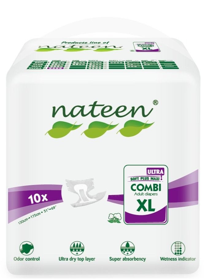 nateen حفاضات Nateen Super Ultra للبالغين، مقاس X-Large، مقاس الخصر 130-175 سم، 10 قطع، سراويل داخلية ذات أقصى قدر من الامتصاص، وحماية من التسرب.  - Image 1