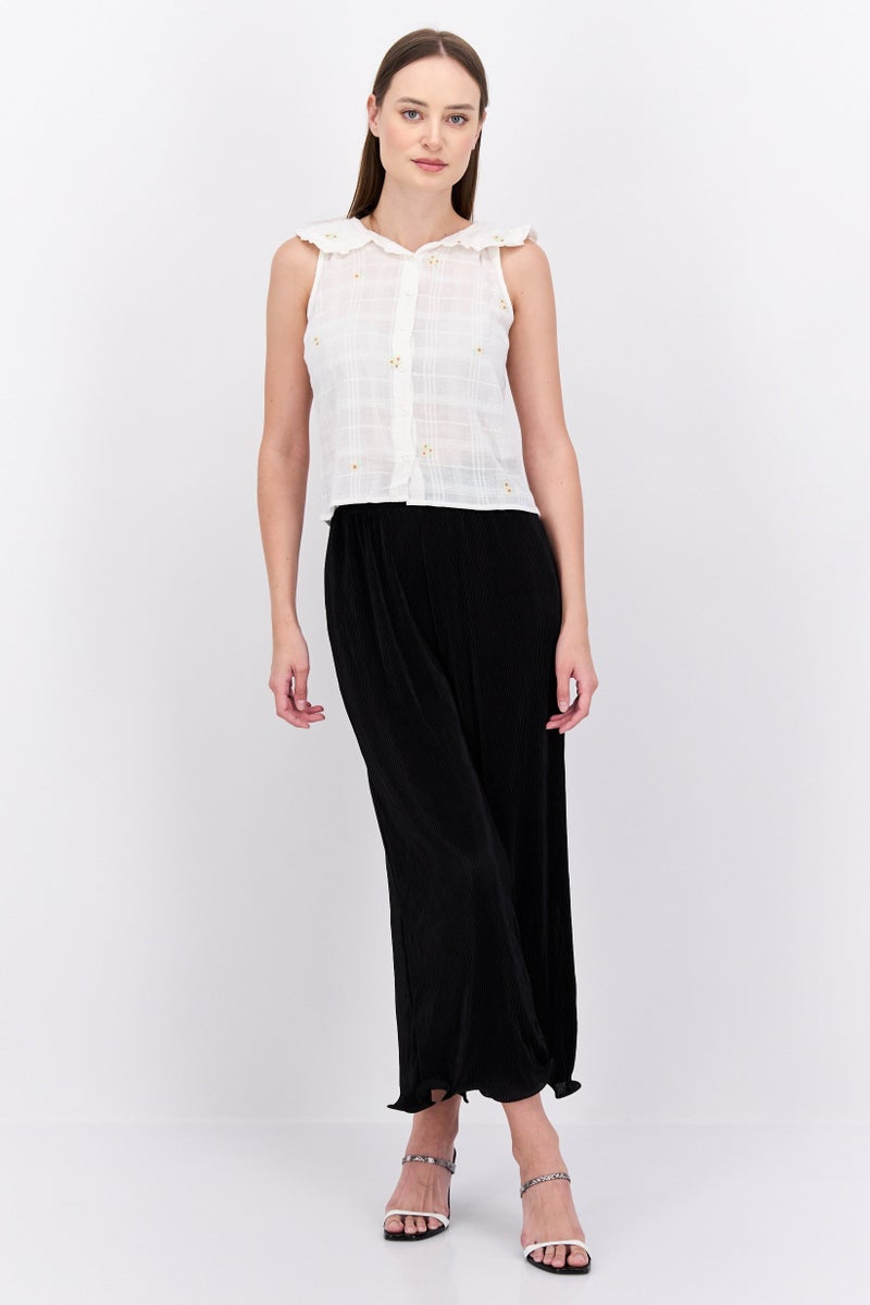 Women Spread Collar Embroidered Sleeveless Top, White