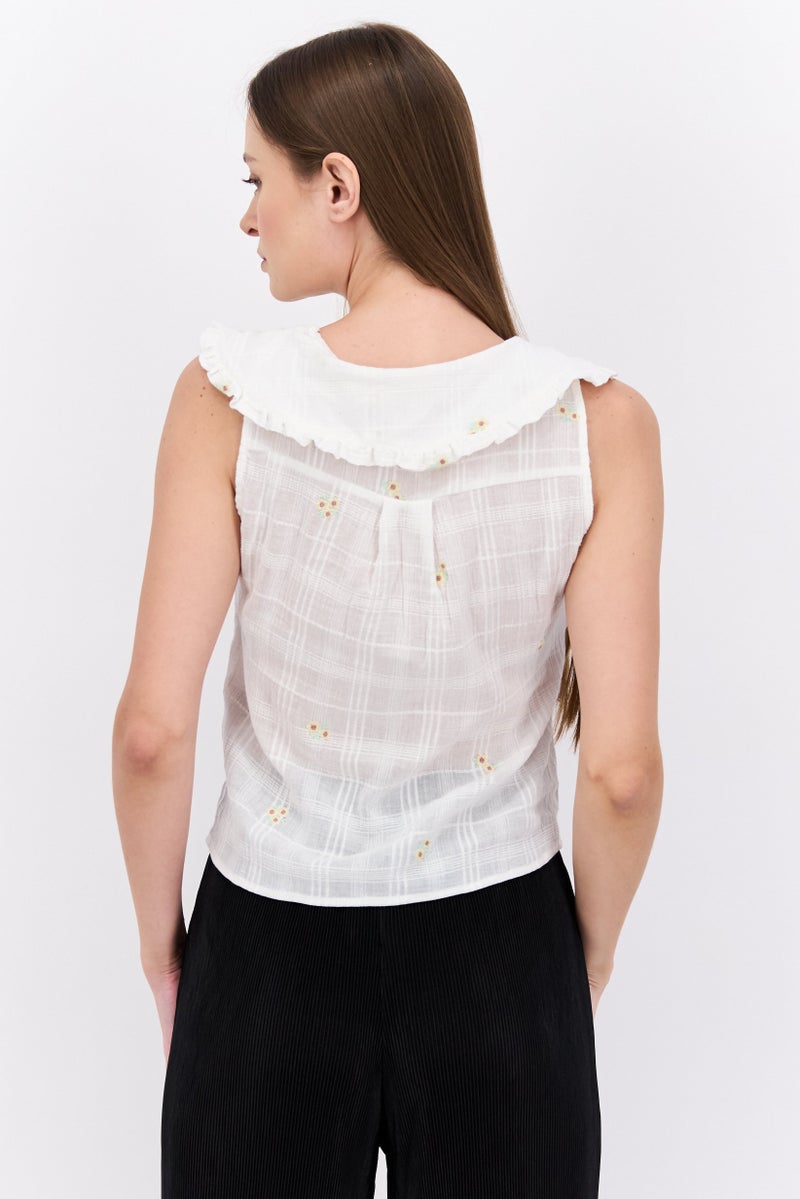 Women Spread Collar Embroidered Sleeveless Top, White