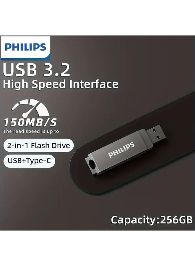 Philips Dual USB C Flash Drive 256GB Gray 2 in 1 Swivel Design 150MBs Transfer Speed - Image 1