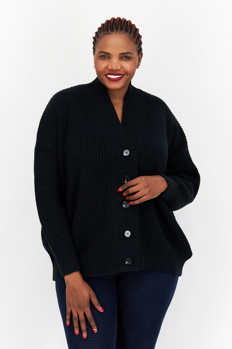 Weworewhat Women Textured Long Sleeve Cardigan, Black - Image 1