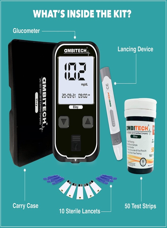 AMBITECH Elizy Blood Glucose Meter Kit with 50 strips (Made in India) (Life time warranty) - Image 3