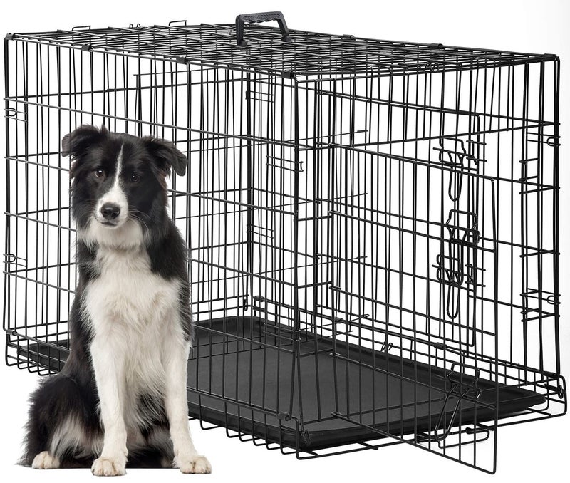 FDW Dog Crate for Large Dogs 48 Inch Folding Metal WirePet Cage Double Door W/Divider Panel Indoor Outdoor Kennel Leak-Proof Plastic Tray,Black - Image 1