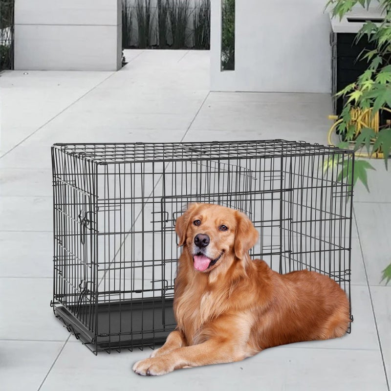 FDW Dog Crate for Large Dogs 48 Inch Folding Metal WirePet Cage Double Door W/Divider Panel Indoor Outdoor Kennel Leak-Proof Plastic Tray,Black - Image 2