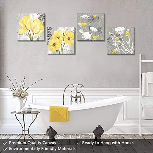 Wall HDQ Yellow Gray Picture Wall Art for Bathroom Wall Decor Flowers Canvas Prints Framed 4 Panels - Image 4