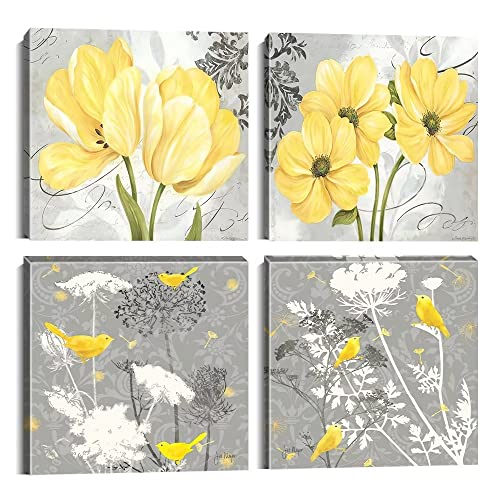 Wall HDQ Yellow Gray Picture Wall Art for Bathroom Wall Decor Flowers Canvas Prints Framed 4 Panels - Image 1