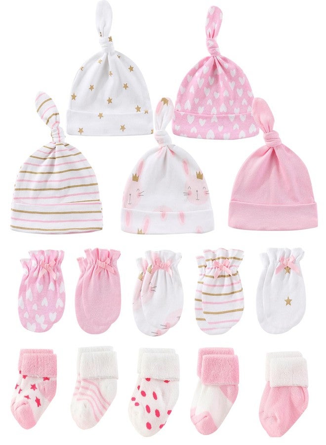 MAMIMAKA Baby Girls Caps Mittens and Thick Warm Socks Cotton Newborn Essentials Accessories (Hats+Gloves+Terry Socks),0-6 Months - Image 1