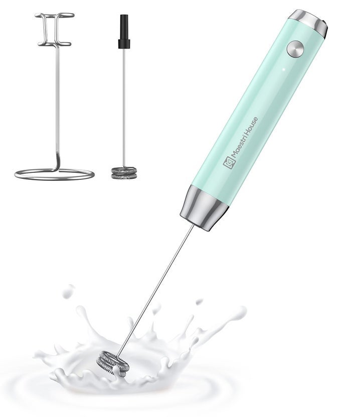 RECHARGEABLE MILK FROTHER WITH STAND HANDHELD ELECTRIC FOAM MAKER WATERPROOF DETACHABLE STAINLESS STEEL WHISK DRINK MIXER FOAMER FOR LATTES CAPPUCCINO LUNAFROBLUE