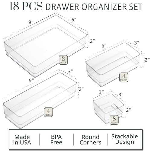 STORi SimpleSort 18-Piece Stackable Clear Drawer Organizer Set | Multi-size Trays | Makeup Vanity Storage Bins and Office Desk Drawer Dividers | Made in USA - Image 2