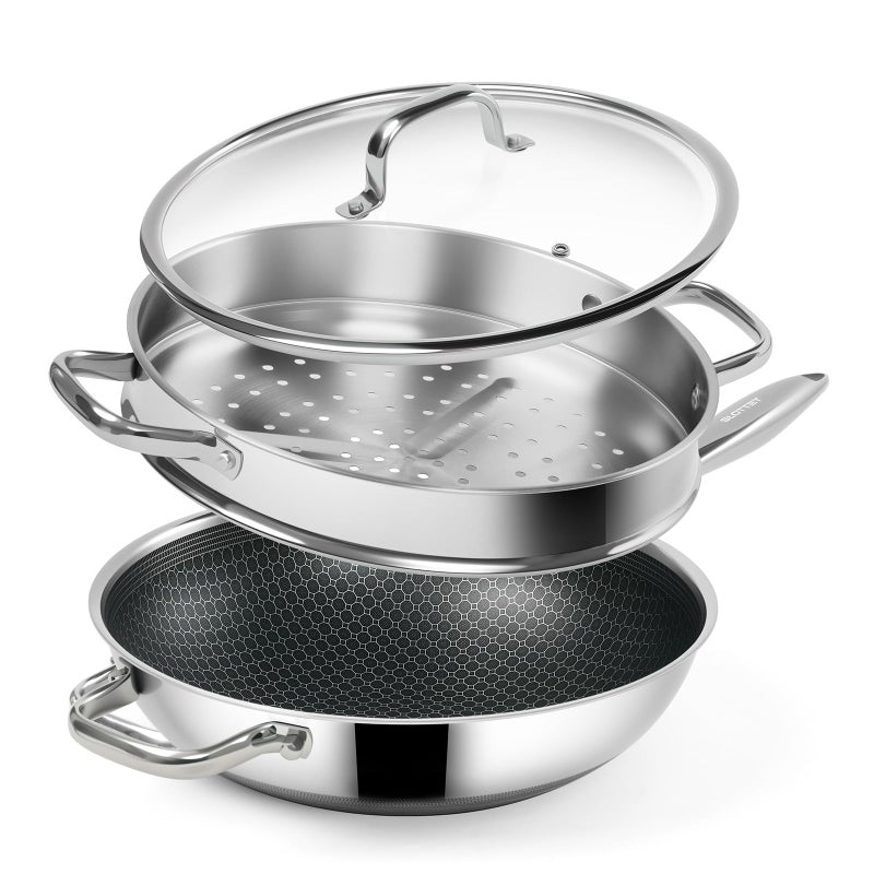 SLOTTET Hybrid 12-Inch Wok with Steamer,Nonstick Stainless Steel Woks & Stir-fry pans with Lid,Stay-Cool Handle,PFOA Free Cookware,Dishwasher and Oven Safe, Works on Induction - Image 1