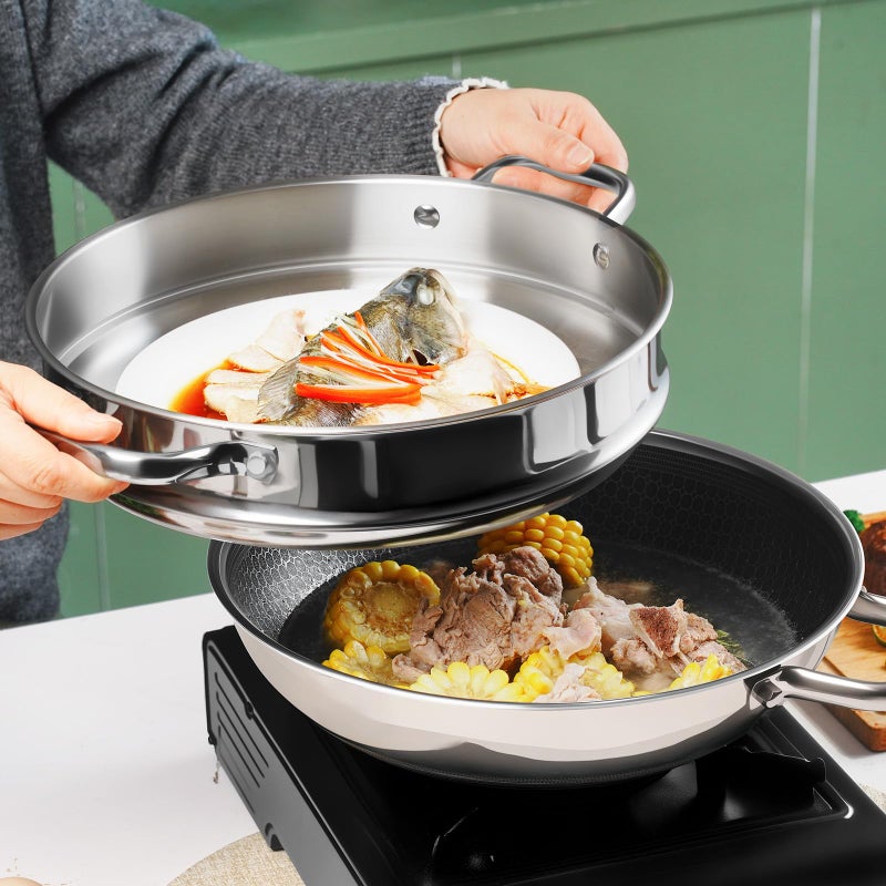 SLOTTET Hybrid 12-Inch Wok with Steamer,Nonstick Stainless Steel Woks & Stir-fry pans with Lid,Stay-Cool Handle,PFOA Free Cookware,Dishwasher and Oven Safe, Works on Induction - Image 5