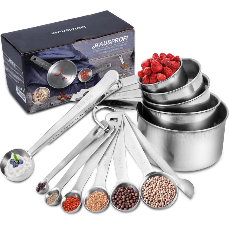 HAUSPROFI Measuring Cups and Spoons Set, 13 Pieces Premium Stainless Steel Measuring Spoons with Ruler Scoop/Clip for Baking, Liquid and Solid - Image 1