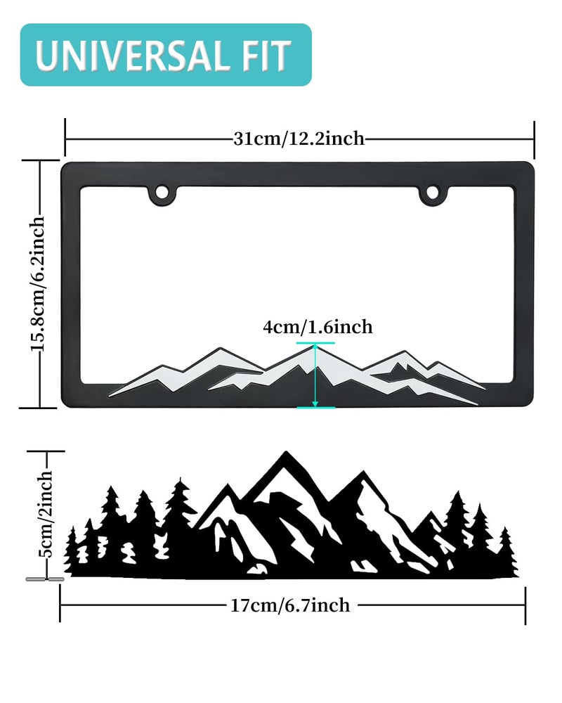 NJNYLLC Mountain License Plate Frames - Plastic Car Tag Holders with Raised Mountain Design, White on Black, 2 Pack 2 Hole with Screws & Caps, Mountain Vinyl Sticker Included - Image 2