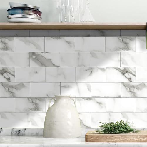 URCOLOR 32Piece Peel and Stick Backsplash Wall Tile 4x 8 PVC Glossy White Gray Marble Stick on Subway Tiles for Kitchen Bathroom Laundry Room Camper Fireplace - Image 3