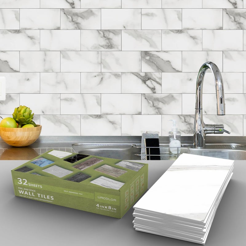 URCOLOR 32Piece Peel and Stick Backsplash Wall Tile 4x 8 PVC Glossy White Gray Marble Stick on Subway Tiles for Kitchen Bathroom Laundry Room Camper Fireplace - Image 2