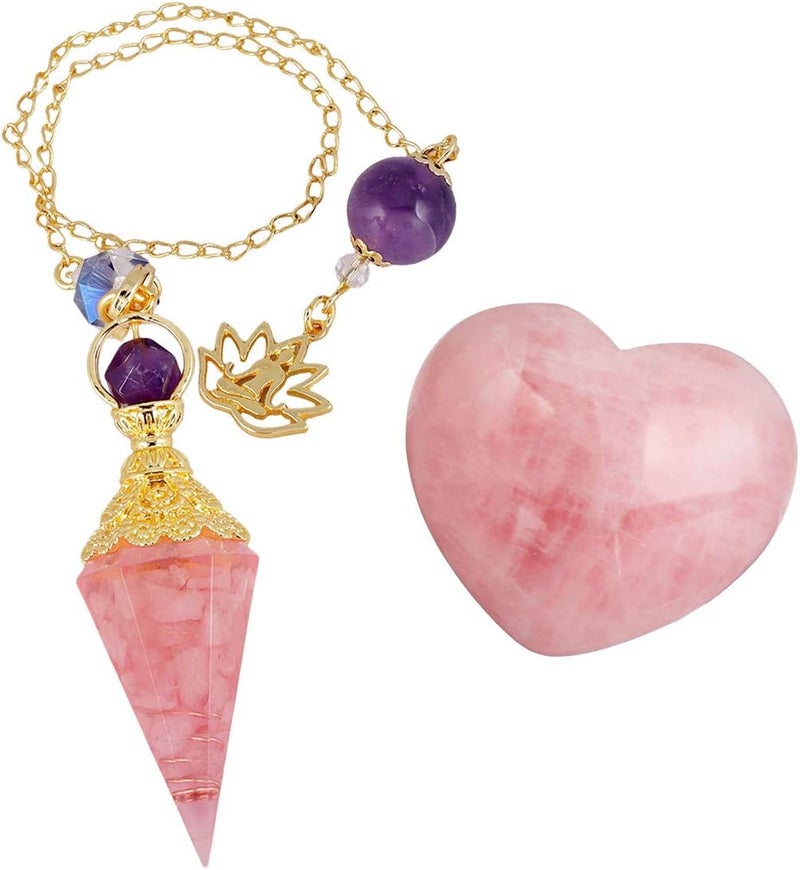 Rockcloud Healing Crystal Point Pendulum & Natural Rose Quartz Heart Love Carved Palm Worry Stone Chakra Reiki Balancing Kits
