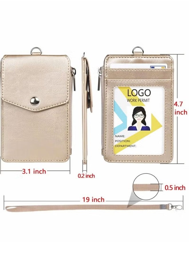 HY Badge Holder with Zipper PU Leather ID Card Wallet 1 Clear Window and 3 Slots Secure Cover Nylon Lanyard for Office School ID, Credit Cards, Driver Licence (Gold)  - Image 3
