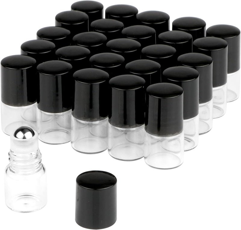 Wresty 25 Pcs Clear Glass Mini Roll On Bottles Empty Essential Oil Roller Ball Bottles Perfume Lip Blam Cosmetic Sample Vials Roller Glass Bottles Container With Black Cap (1ml)