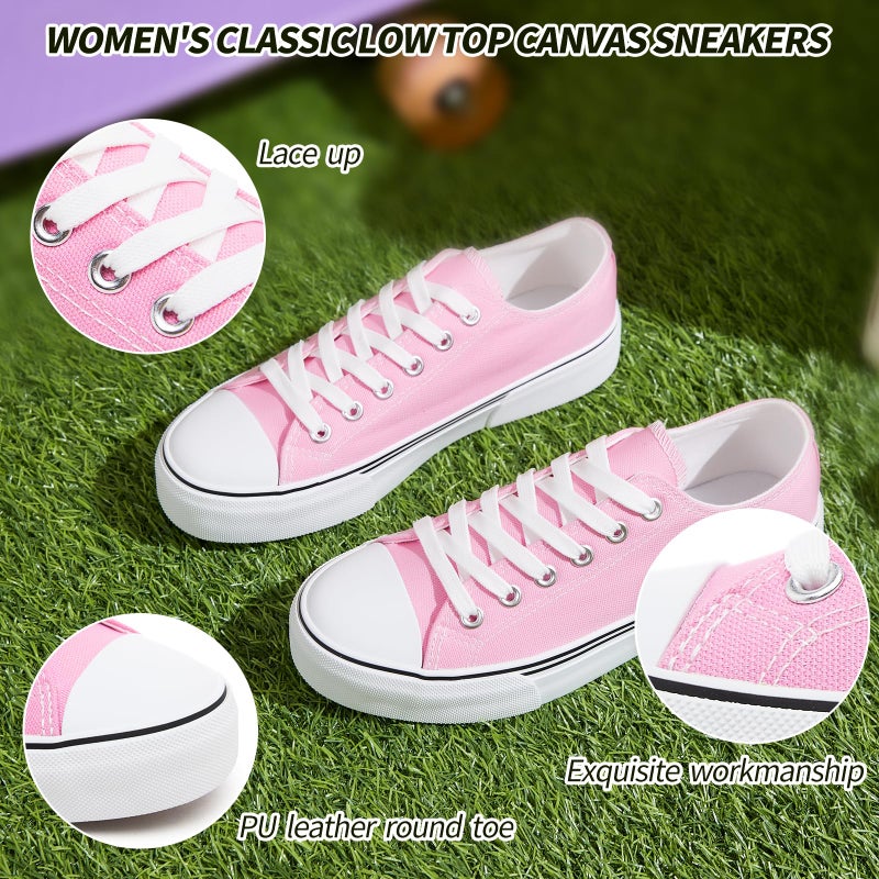 Adokoo Canvas Tennis Shoes for Women Low Top Casual White Bright Pink Sneakers for Women Lace Up Fashion Comfortable Walking Shoes (Bright Pink,8.5) - Image 3