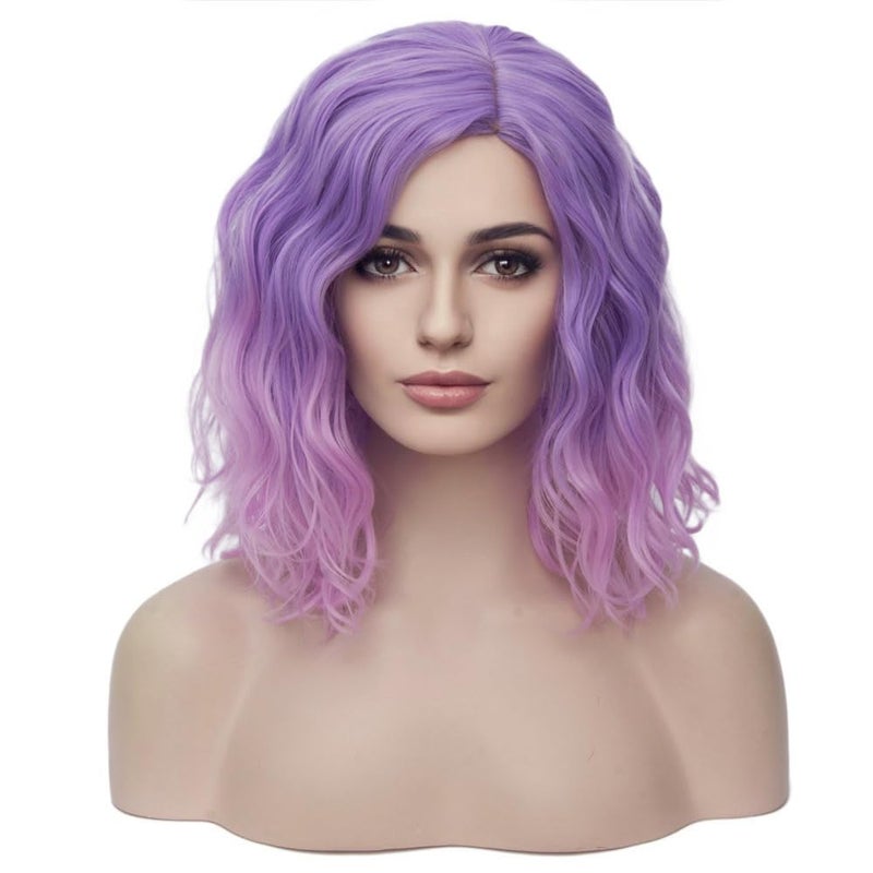 BERON 14" Women Girls Colored Short Curly Bob Wavy Purple Ombre Pink 35cm Wig Body Wave Daily Hair Wigs (Light Purple to Pink)