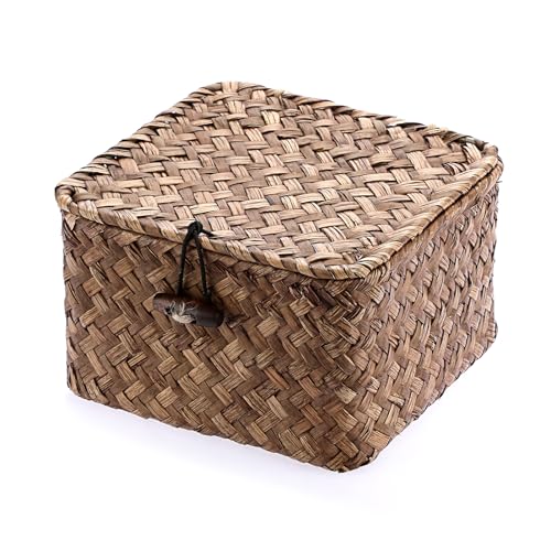 Hipiwe Seagrass Basket with Lid Wicker Storage Basket Square Handwoven Decorative Baskets Box for Shelf Multipurpose Household Baskets Home DecorXsmall - Image 1