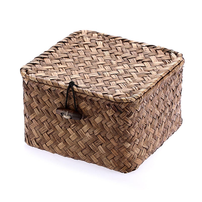 Hipiwe Seagrass Basket with Lid Wicker Storage Basket Square Handwoven Decorative Baskets Box for Shelf Multipurpose Household Baskets Home DecorXsmall - Image 2