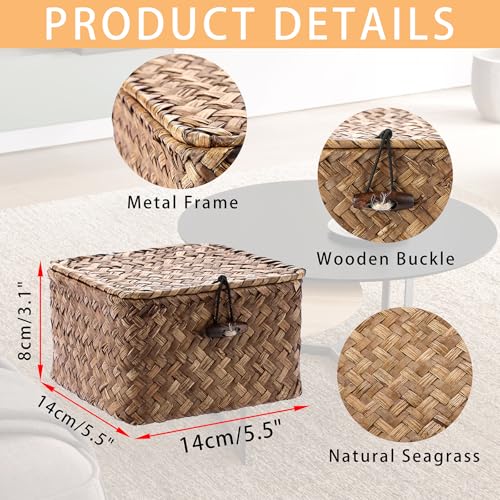 Hipiwe Seagrass Basket with Lid Wicker Storage Basket Square Handwoven Decorative Baskets Box for Shelf Multipurpose Household Baskets Home DecorXsmall - Image 3