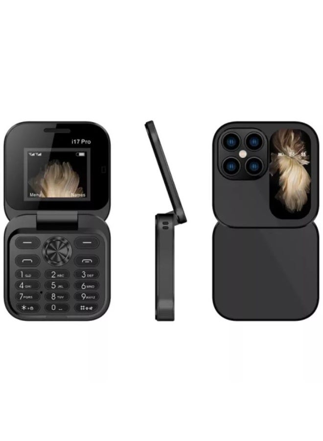 i17 Pro Classic Black Flip Phone – Dual SIM Mini Mobile with Keypad, Elegant & Portable
