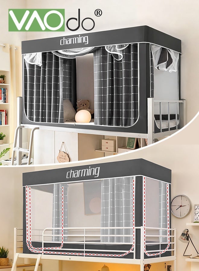 فاو دو ستائر أسرة بطابقين في السكن الجامعي، خيام بغطاء لسرير مفرد، ستارة خيمة مع شبكة ضد البعوض وحامل، حماية خصوصية نوم الطلاب 190*90*110 سم - Image 1