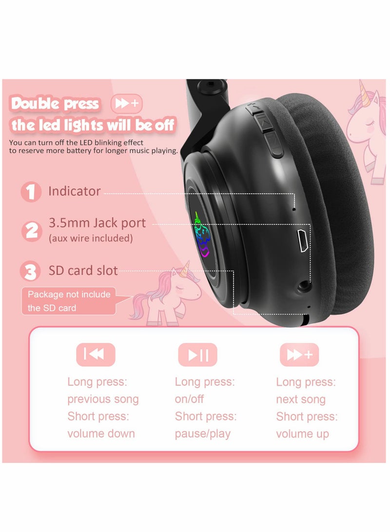 Unicorn Headphones, Bluetooth Foldable Headphones Stereo with Microphone and Volume Control Light Up for PC/Cell Phones/TV/iPad, Boys Girls Kids (Black) - Image 2