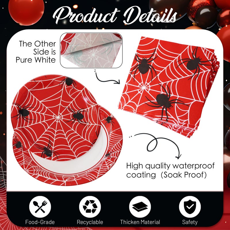 Watch Me Fly 75pcs Spider Party Supplies, 25 Guest Disposable Red Paper Plates & Napkins, Tableware Decorations Favors, Including 9" & 7" Plates & Napkins for Halloween, Birthday, Parties, and Everyday Use - Image 4
