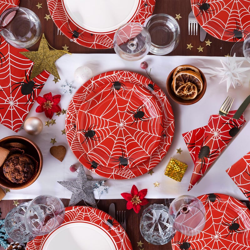 Watch Me Fly 75pcs Spider Party Supplies, 25 Guest Disposable Red Paper Plates & Napkins, Tableware Decorations Favors, Including 9" & 7" Plates & Napkins for Halloween, Birthday, Parties, and Everyday Use - Image 2