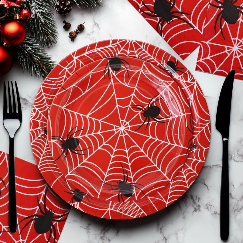 Watch Me Fly 75pcs Spider Party Supplies, 25 Guest Disposable Red Paper Plates & Napkins, Tableware Decorations Favors, Including 9" & 7" Plates & Napkins for Halloween, Birthday, Parties, and Everyday Use - Image 5