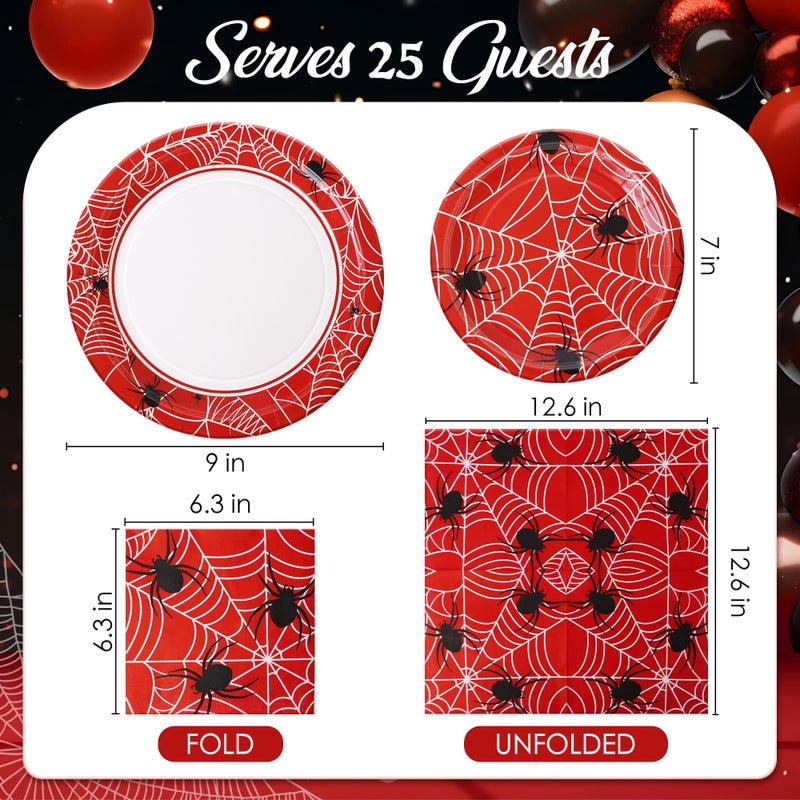 Watch Me Fly 75pcs Spider Party Supplies, 25 Guest Disposable Red Paper Plates & Napkins, Tableware Decorations Favors, Including 9" & 7" Plates & Napkins for Halloween, Birthday, Parties, and Everyday Use - Image 3