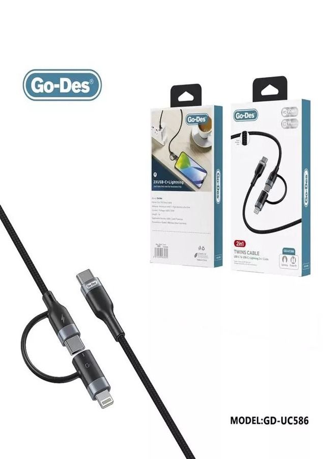 GO-DES كابل بيانات 2 في 1 من Go-Des لـ Type-C إلى Type-C + Lightning GD-UC586 - أسود - Image 2