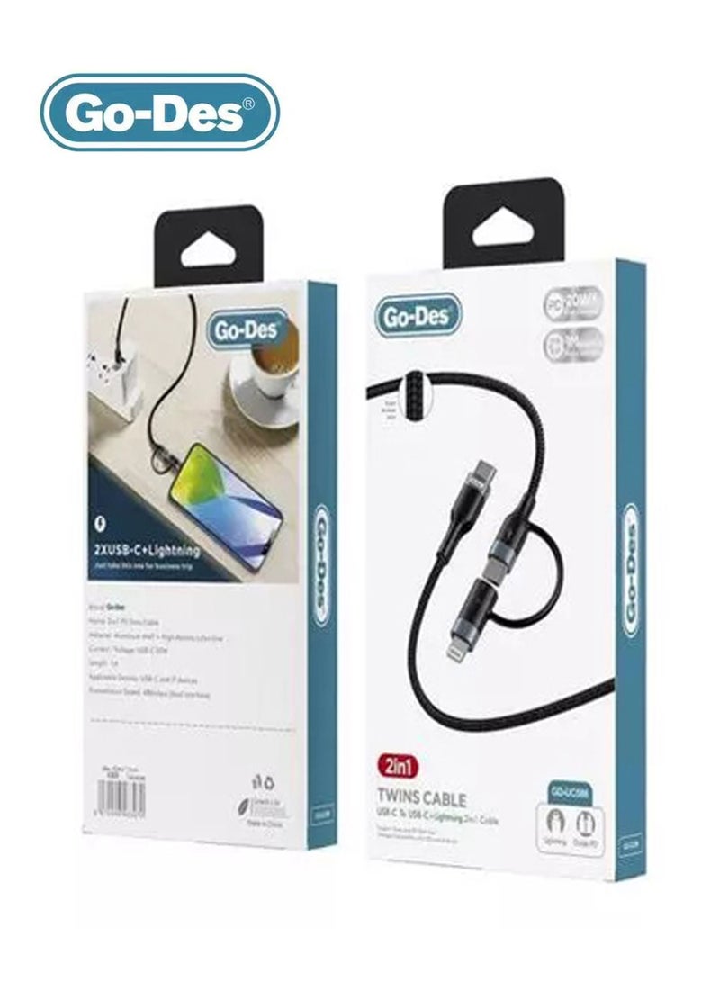 GO-DES كابل بيانات 2 في 1 من Go-Des لـ Type-C إلى Type-C + Lightning GD-UC586 - أسود - Image 3