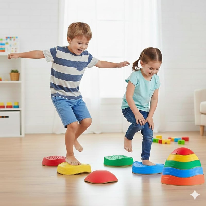 Special Supplies Stepping Stones for Kids, 5 Balance Indoor and Outdoor Blocks Promote Coordination, Balance, Strength, Child Safe Rubber, Non-Slip Edging, Stackable (Primary) - Image 1