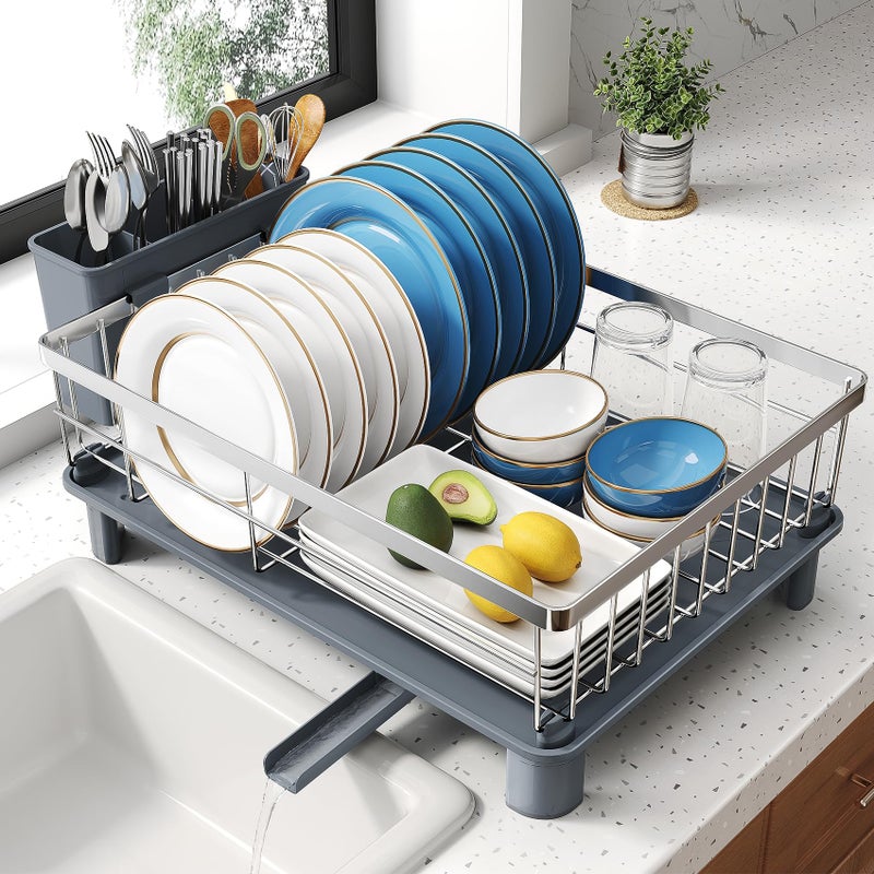 SNTD Dish Drying Rack Small Dish Rack for Kitchen Counter Stainless Steel Dish Drainer with Utensil Holder and Drainboard 129 W x 169 L Silver - Image 2