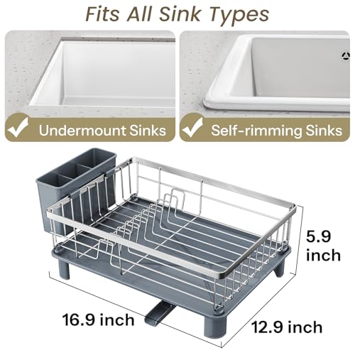 SNTD Dish Drying Rack Small Dish Rack for Kitchen Counter Stainless Steel Dish Drainer with Utensil Holder and Drainboard 129 W x 169 L Silver - Image 3