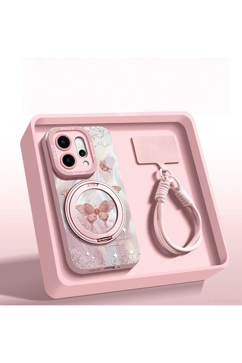 عام غطاء حماية متوافق مع هاتف OPPO Reno14  - بتصميم فراشة فاخر، حامل دوار 360 درجة، غطاء سيليكون ناعم بحماية كاملة - Image 1