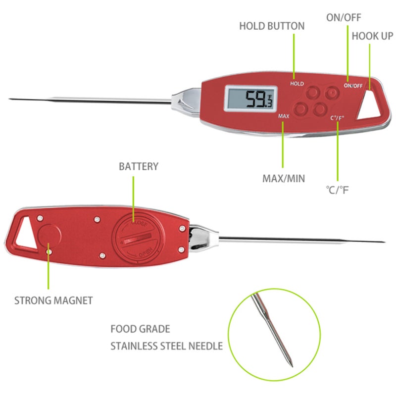 Digital Food Thermometer: Red Stainless Steel Probe, IPX6 Waterproof - 4-Second Accurate Reading, Magnetic Back & Memory Function for Home Kitchen, BBQ, Liquid Temperature Measurement - Image 3