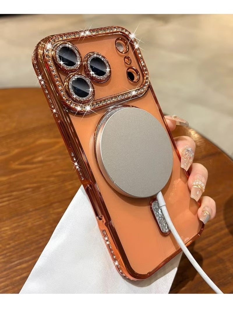 Magnetic Clear Glitter Case for iPhone 17 Pro，[Compatible with MagSafe] Cute Bling Sparkly Diamond Rhinestone with Camera Protector TPU Bumper Women Girl Accessories Cases & Covers for iPhone 17 Pro ,Orange - Image 2