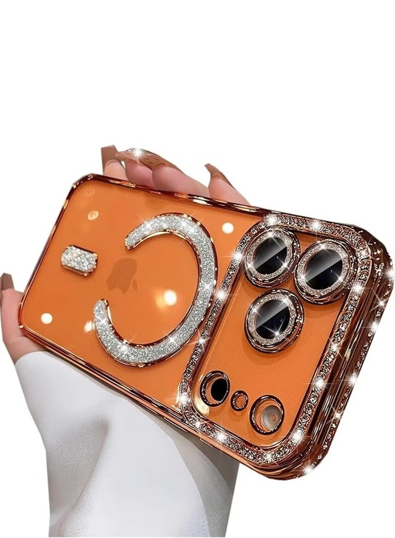 Magnetic Clear Glitter Case for iPhone 17 Pro，[Compatible with MagSafe] Cute Bling Sparkly Diamond Rhinestone with Camera Protector TPU Bumper Women Girl Accessories Cases & Covers for iPhone 17 Pro ,Orange - Image 4