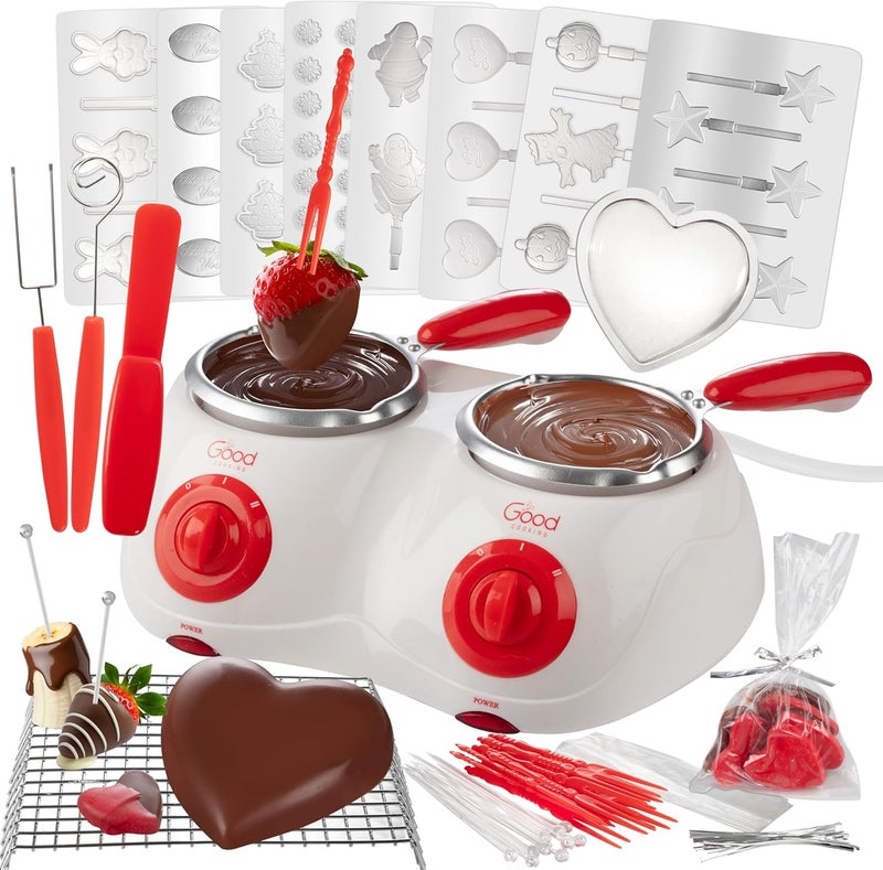Good Cooking Dual Electric Chocolate Melting Pot Set - Valentines Day Candy Bar Making or Fondue Fountain Kit w/ 30 Bonus Accessories - Dip, Drizzle & Decorate Strawberries, Marshmallows- Party Appetizers Desserts - Image 1