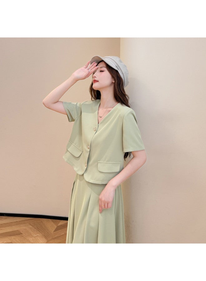 TonLion 2025 Summer Women's V-neck Set Solid Color Versatile Office Wear Comfortable Elegant Youthful Minimalist Long Dress Set - Image 5