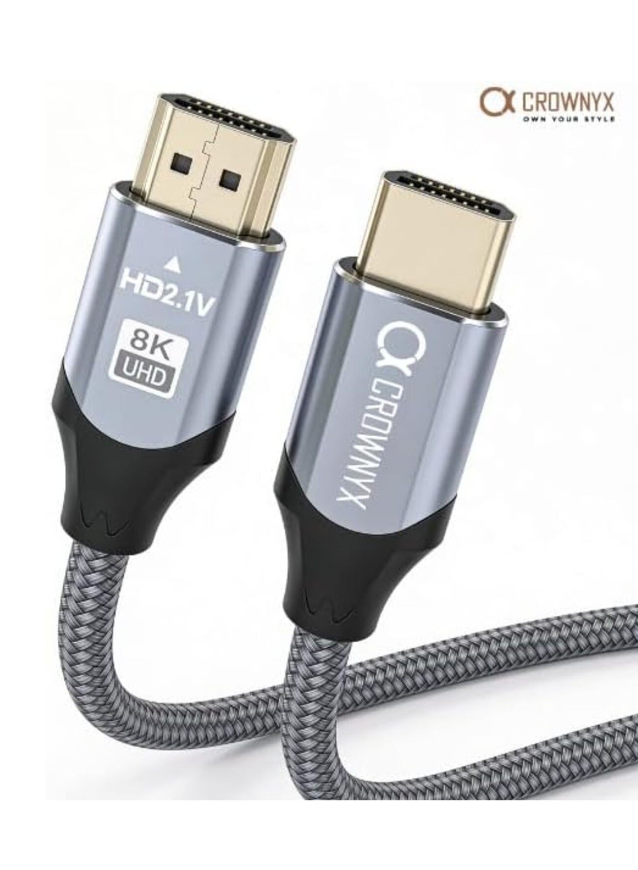 CROWNYX CHC208 8K HDMI 2.1 Braided Cord Cable 2M – Ultra High Speed 48Gbps | Supports 8K@60Hz & 4K@120Hz | Compatible with PS5, Xbox Series X, TV, Projector & Home Theater