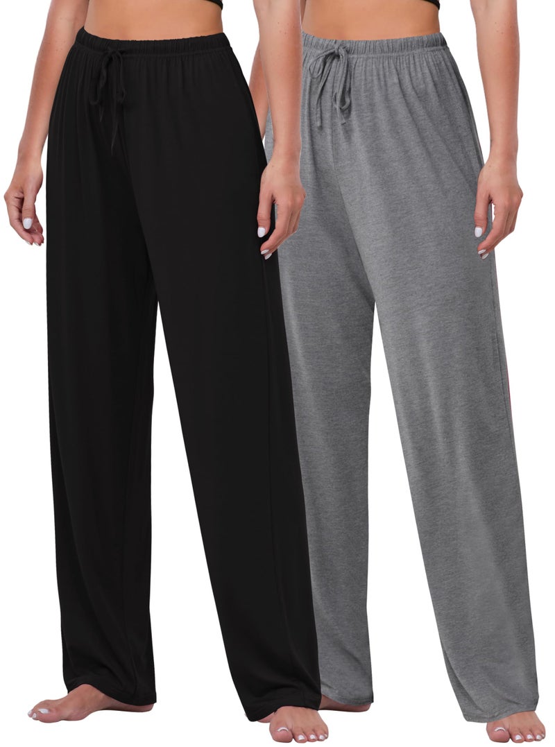 FEQO 2 Pack Women's Lounge Pants Wide Leg Yoga Pants Soft Pajama Bottoms Casual Loose Sweatpants Drawstring Yoga Pants, M(Black,Gray) - Image 1