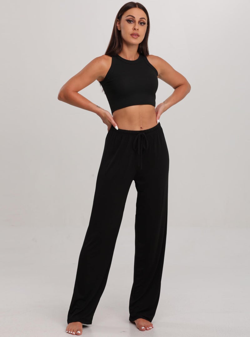 FEQO 2 Pack Women's Lounge Pants Wide Leg Yoga Pants Soft Pajama Bottoms Casual Loose Sweatpants Drawstring Yoga Pants, M(Black,Gray) - Image 2